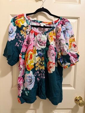Sundance Floral Peasant Blouse - Teal Multi linen